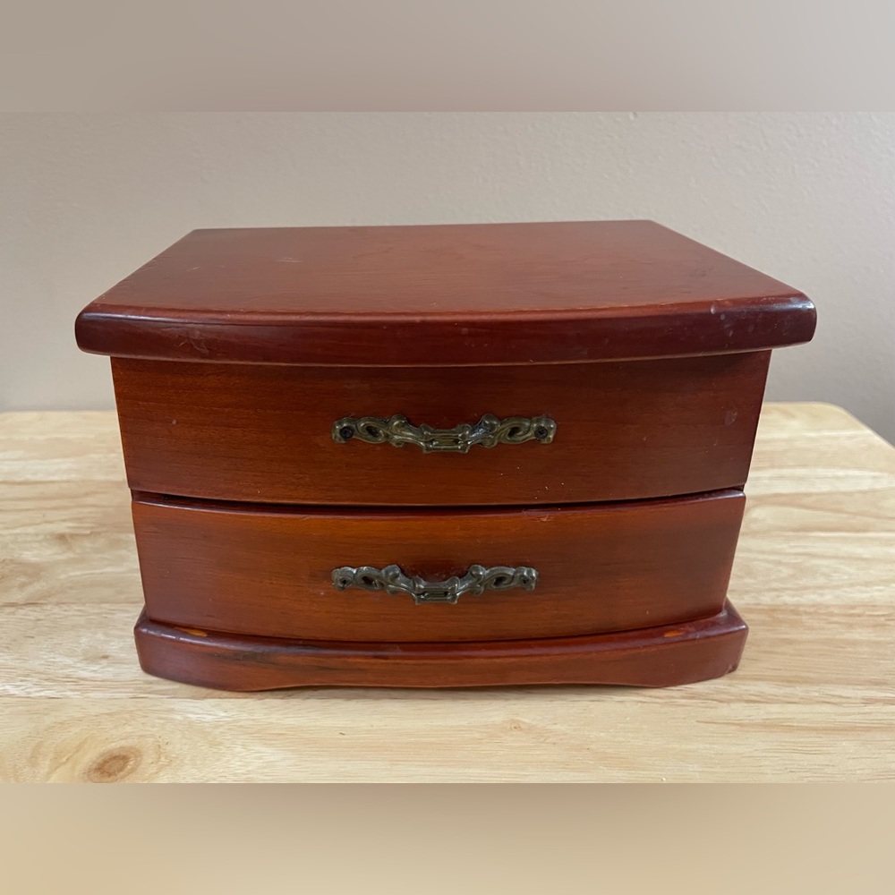 Vintage Wooden Jewelry Music Box with Mirror and Drawers